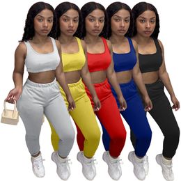 New Women Jogging suit summer outfits black tracksuits sleeveless tank top crop tops+pants 2 pieces sets plus size 2XL sportswear casual suits solid sweatsuits 5051