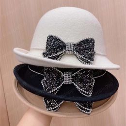 autumn winter wool shiny diamond bowknot lady bucket cap women leisure hat