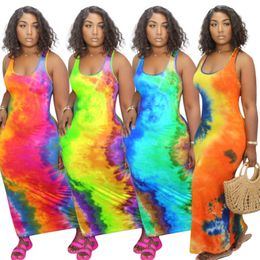 Damen Langes Kleid Einfarbig Tie Dye Kurzarm Lässiger langer Rock Sexy U-Ausschnitt Big Swing Mode Bedrucktes ärmelloses Kleid 878