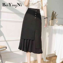 Korean Slim Maxi Long Women Skirt High Waist Irregular Patchwork Pleated Midi Skirts Ladies Elegant Buttons Saias 210506
