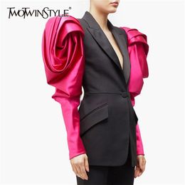 TWOTWINSTYLE Patchwork Hit Colour Women's Blazer Puff Sleeve Notched Female Blazers Autumn Plus Size Fashion Clothing 211019