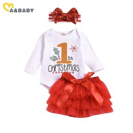 3-18M My 1st Christmas born Infant Baby Girl Clothes Set Soft Long Sleeve Romper Tutu Sequins Skirts Xmas Outfits 210515