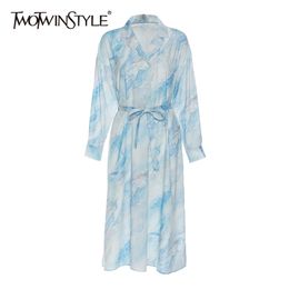 Print Tie Dye Dress For Women Lapel Long Sleeve High Waist Lace Up Bowknot Chic Dresses Female Fashion 210520