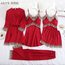 JULY'S SONG 5 PCS Women's Pajamas Silk Satin Sleepwear Pajamas Set Summer Sling Shorts Lace Sexy Robe Set For Woman Loungewear 210622