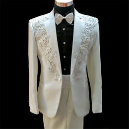 Fashion Designer Beading Mens Customized Wedding Tuxedos Appliques Groom Wear Dinner Prom Party Blazer Suits (Jacket+Pants)