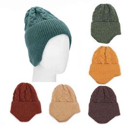 Winter Hats Women 2021 Fashion Solid Knit Beanies Hat Female Ear Protection Skullies Hat Warm Thick Riding Wool Cap Y21111