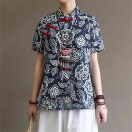 Literature and Art Chinese style Blue Flower cloth Flag robe short sleeve Summer Cotton and Ramie sweater Women's 210407