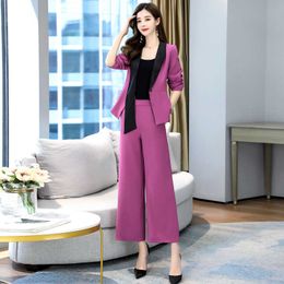 Plus size women's high quality female pants suit two-piece autumn long sleeve ladies office jacket Elegant wide-leg 210527