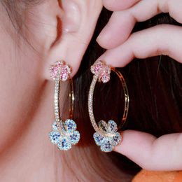 CWWZircons Designer Elegant Micro Pave Blue Red CZ Light Gold Colour Big Round Flower Hoop Earrings for Women Jewellery Gift CZ810 21339U