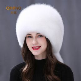 Winter Real Fur Hats For Women Stylish Russian Thick Warm Beanie woman Hat Natural Fluffy Caps With Tail 211119