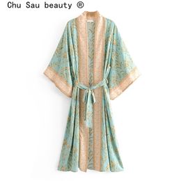 Selling Vintage Boho Floral Print Long Kimono Cardigan Summer Tops Belted Beachwear Vestido Blusas Mujer 210721