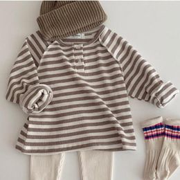 Kids Baby Girls Boys Striped Clothes Toddler Infant Ribbed Cotton Long Sleeve T Shirt With Buttons Casual Tops Clothing 210413