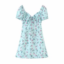 Women Europe And America Style Little Sexy Mint Green Neckline Elastic Lacing Female Skinny Puff Sleeve Mini Dress 210520