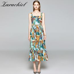 Summer Holiday Runway Spaghetti Strap Dress Women's Sleeveless Tropical Print Ruffles Draped Bohemian Ladies Maxi Dresses 210416