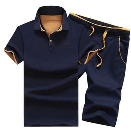 Track Suit Men Slim Polo T Shirt + Shorts Set Casual Solid Tracksuit Male Leisure Men's Top and Pant Suit Sweat Suits Men 210714