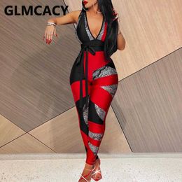 Women Printed Sleeveless Plunge V-neck Belt Bodycon Jumpsuits 210702