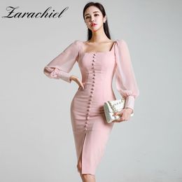 Spring OL Pink Split Pencil Women Elegant Single-Breasted Chiffon Lantern Sleeve Patchwork Knee Length Bodycon Dress 210416