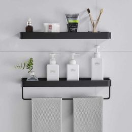 bathroom vanity organizer Australia - Black Aluminum Towel Shelf Bathroom Storage Rack Wall-mounted Tray Rack Vanity Shower Caddy Rack Spice Organizer 30 40 50cm 210705