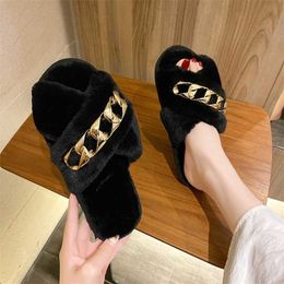 Indoor Women Fur Slippers Fluffy Soft Furry Slides Thick Flats Heel Non Slip House Shoes Ladies Luxury Chain Design Footwear 211110
