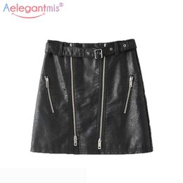 Aelegantmis Elegant Office Lady Black Mini Pu Leather Skirt with Belt Women Summer Zipper Short Ladies Casual A-line 210607