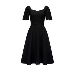 PERHAPS U Black Solid Square Collar Empire Short Sleeve Midi Dress Fit And Flare Vintage Summer D0508 210529