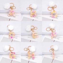 White Fluffy Pompom Letter Keychains Women Lovely Acrylic Glitter Key ring Holder Pendant Creative Fashion Car Bag Charm Gift