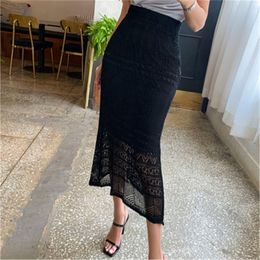 Hollow Out Knitted Brief Elegance OL All Match Slim Trumpets A-line Women Mermaid High Waist Long Skirts 210421