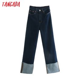 Tangada fashion women high waist wide leg jeans pants long trousers pockets buttons female 3H13 210629