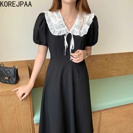 Korejpaa Women Dress Korean Fashion Chic Vintage Elegant Doll Collar Frills Color Contrast High Waist Bubble Sleeve Vestido 210526