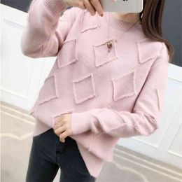 Sweater Female Autumn And Winter Students Solid Color Long-sleeved Loose Outer Wear Pullover 210427