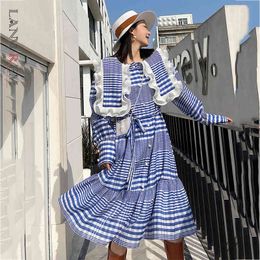 -Vestido azul marino de la raya azul marino de las mujeres vestido de marinero de la manga larga de la manga larga de la moda de la moda de la moda del otoño 2E1153 210507
