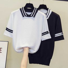 Plus Big Size Summer Short Sleeve Striped Pullover Women Sweater Knitted Sweaters Tops Korean Pull Femme Jumper Female 210604