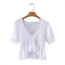 Summer Women V Neck Elastic Short Blouse Female Puff Sleeve White Shirt Casual Lady Crop Tops Blusas S8765 210430