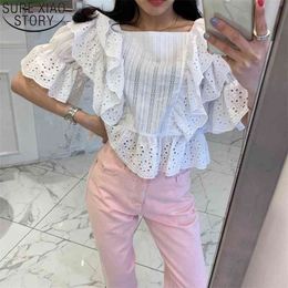 Korean Square Collar White Lace Blouse Hollow Out Short Butterfly Sleeve Summer Cake Layer Ruffles Ladies Tops 14200 210506