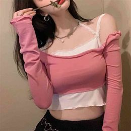 Off-Shoulder Short Navel Sexy Tight T-shirt Female Autumn New Long Sleeve Slim Pink Shirt Ins Fashion 210401
