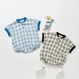 Infant Baby Rompers Short Sleeve Plaid O-neck Jumpsuits Cotton Casual Newborn Climbing Clothes Summer Fashion Kids Clothing 2 Colours BT6527