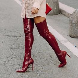 Boots Stylish Shinny Patent Leather Over The Knee Stiletto Heels Pointed Toe Tight High Zipper Winter Long Boot 12cm