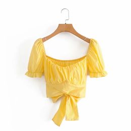 Spring Women Back Bowknot Square Collar Yellow Short Shirt Female Puff Sleeve Blouse Casual Lady Crop Tops Blusas S8680 210430