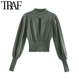 TRAF Women Fashion Hollow Out Cropped Knitted Sweater Vintage Long Sleeve Elastic Hem Female Pullovers Chic Tops 210415