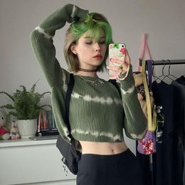 Women's Sweaters Women Casual Top Tie-dye Green Knitted T-shirt Fashion Girl Loose Umbilical Round Neck Pullover Female Clothing 2021