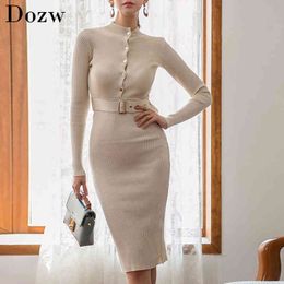 Knitted Sweater Dress Women Autumn Winter Elegant Casual Bodycon Midi Dresses Knee Length Button Belt Solid Long Sleeve Dress 210414