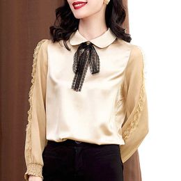 Korean Women Silk Shirts Blouses Long Sleeve Blouse Tops Plus Size Woman Satin Elegant Chiffon Parchwork 210604