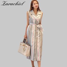 Autumn Office Lady Vertical Striped Notched Double-Breasted Sashes Women's Sleeveless Mid-Calf Blazer Work Dress 210416