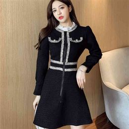 Autumn Winter Vintage Korean Zipper Women Elegant Lace Patchwork Tweed Dress Party Long Sleeve Runway Vestidos 210519