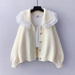 AZYT Autumn Winter Knit Female Cardigan Lace Turn Down Collar Sweater Womens jacket Loose Elegant Ladys Pull Femme Top 211011