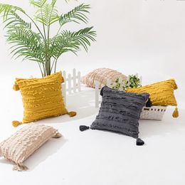 Cushion/Decorative Pillow Tassel Solid Cut Flower Color Case Jacquard Stripe Cotton Linen Moroccan Cushion Cover For Home Decor No Core ML54