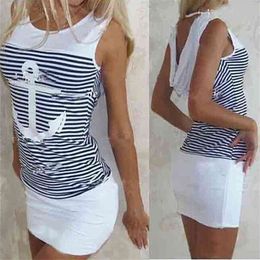 Summer Plus Size Women Dress Casual Sleeveless White Blue Anchors Print Striped Dress Sexy Beach Bodycon Mini Dress Dropshipping 210331