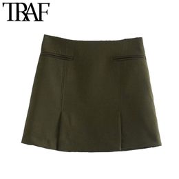 TRAF Women Chic Fashion With Pockets Front Vents Mini Skirt Vintage High Waist Side Zipper Female Skirts Mujer 210415