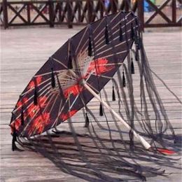 Silk Cloth Lace Umbrella Women Costume Pography Props Tasselled Yarned Chinese Classical Oil-paper Parasol 210721
