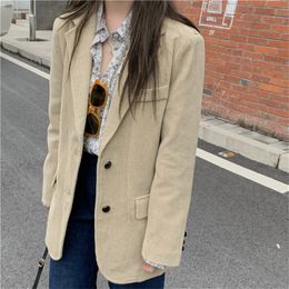 OL Work Wear Notched Minimalist Vintage Corduroy Blazer Suit Jacket Autumn Spring Formal Women Blazers Loose Coat 210421